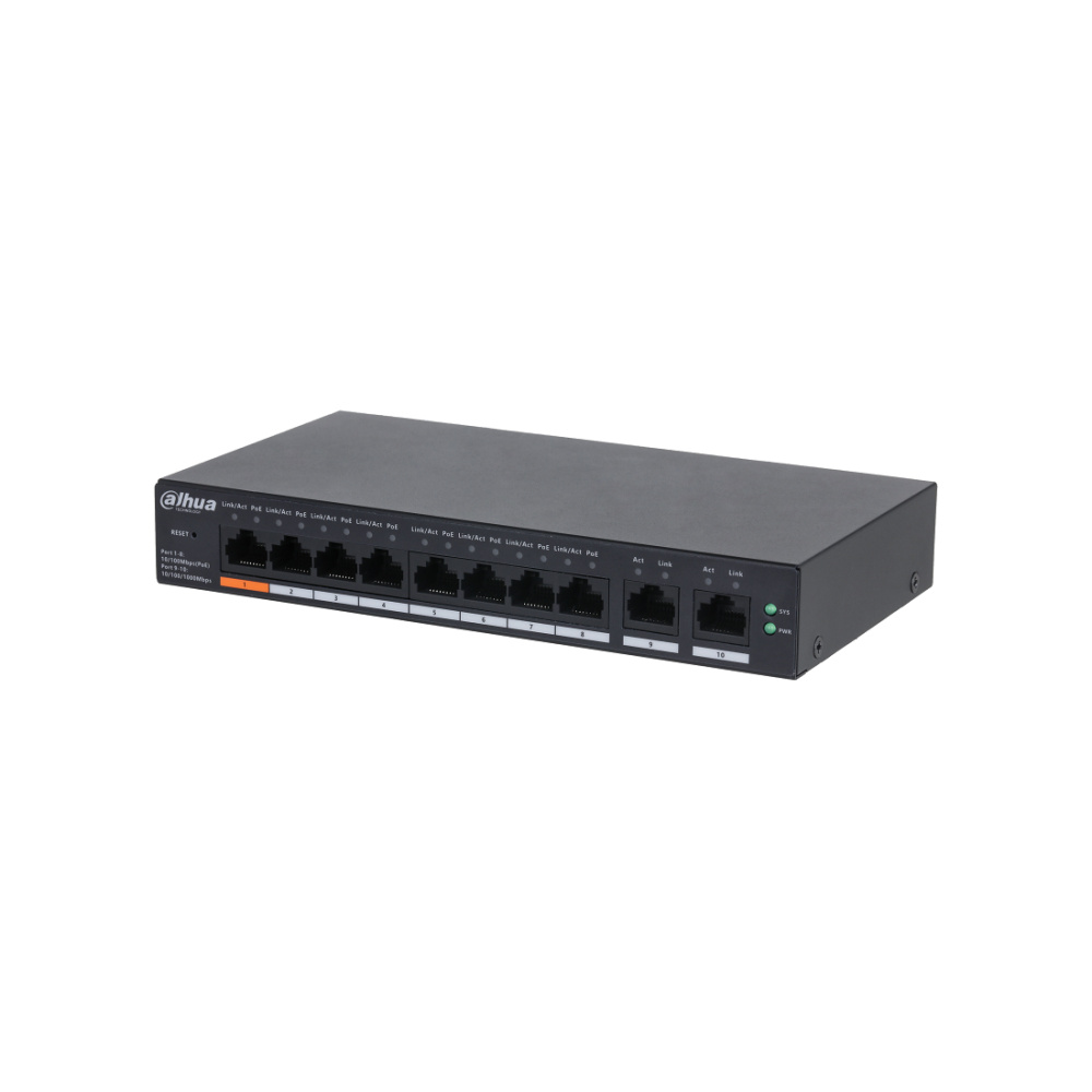 Коммутатор, Dahua, DH-CS4010-8ET-60, Управляемый, 8 портов 10/100M (PoE 802.3af/at/Hi-PoE,60W), 2 