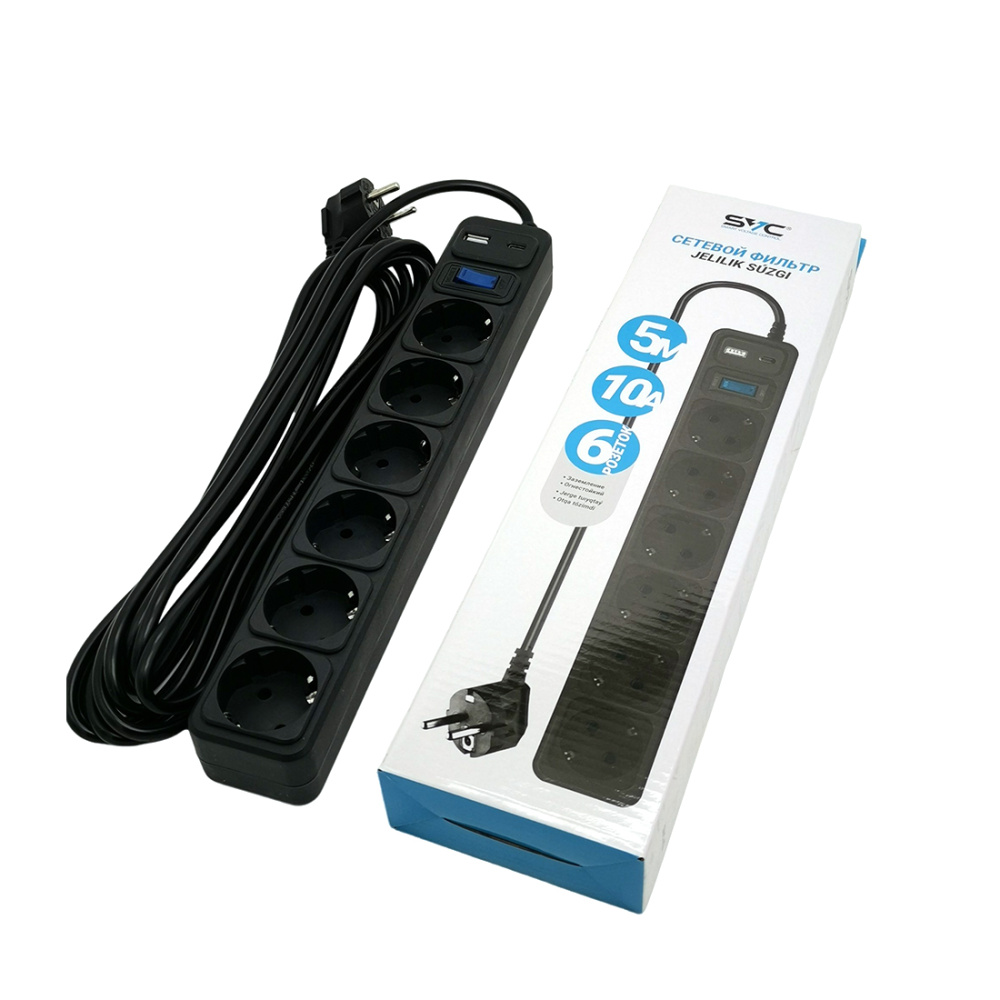 Сетевой фильтр, SVC, ZС6S-50М, 6 розеток, 5 метров, 220-250В, 10А, картонная коробка, чёрный