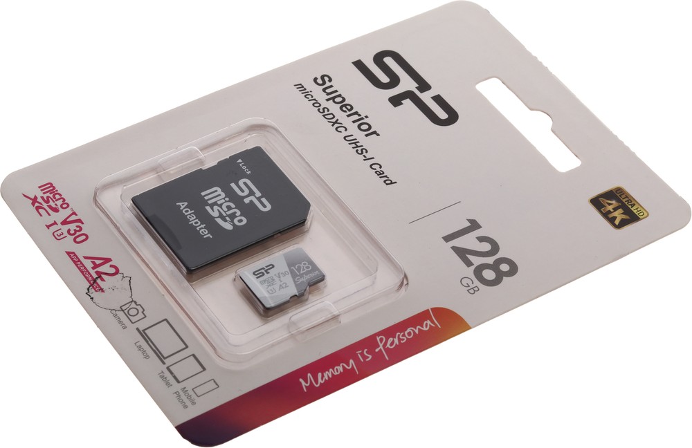 Карта памяти, Silicon Power Superior, SP128GBSTXDV3V20SP, MicroSDXC 128GB, с адаптером SD