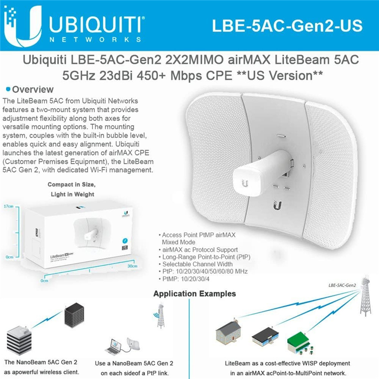 Точка доступа UBIQUITI LBE-5AC-Gen2 LiteBeam 5AC Outdoor PoE 5Ghz Access Point
