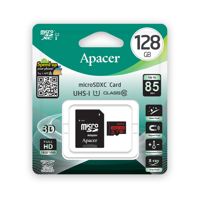 Карта памяти, Apacer, AP128GMCSX10U5-R, MicroSDXC 128GB, с адаптером SD