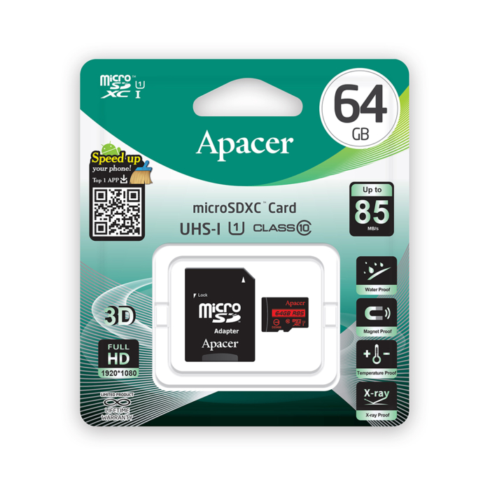 Карта памяти Apacer, AP64GMCSX10U5-R, MicroSDXC 64GB, с адаптером SD